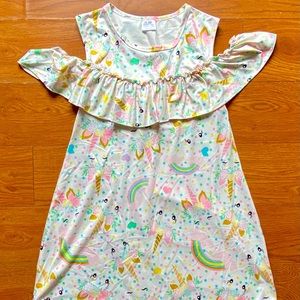 Girls Boutique White Unicorn Cold Shoulder Dress Size 7/8 - Like New
